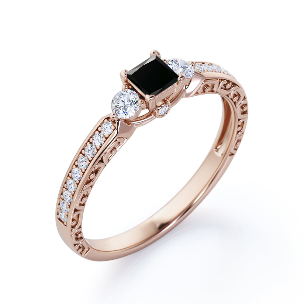 1.35 Carat Princess Cut Lab Grown Black Diamond 3 Stone Vintage Engagement Ring In White Gold