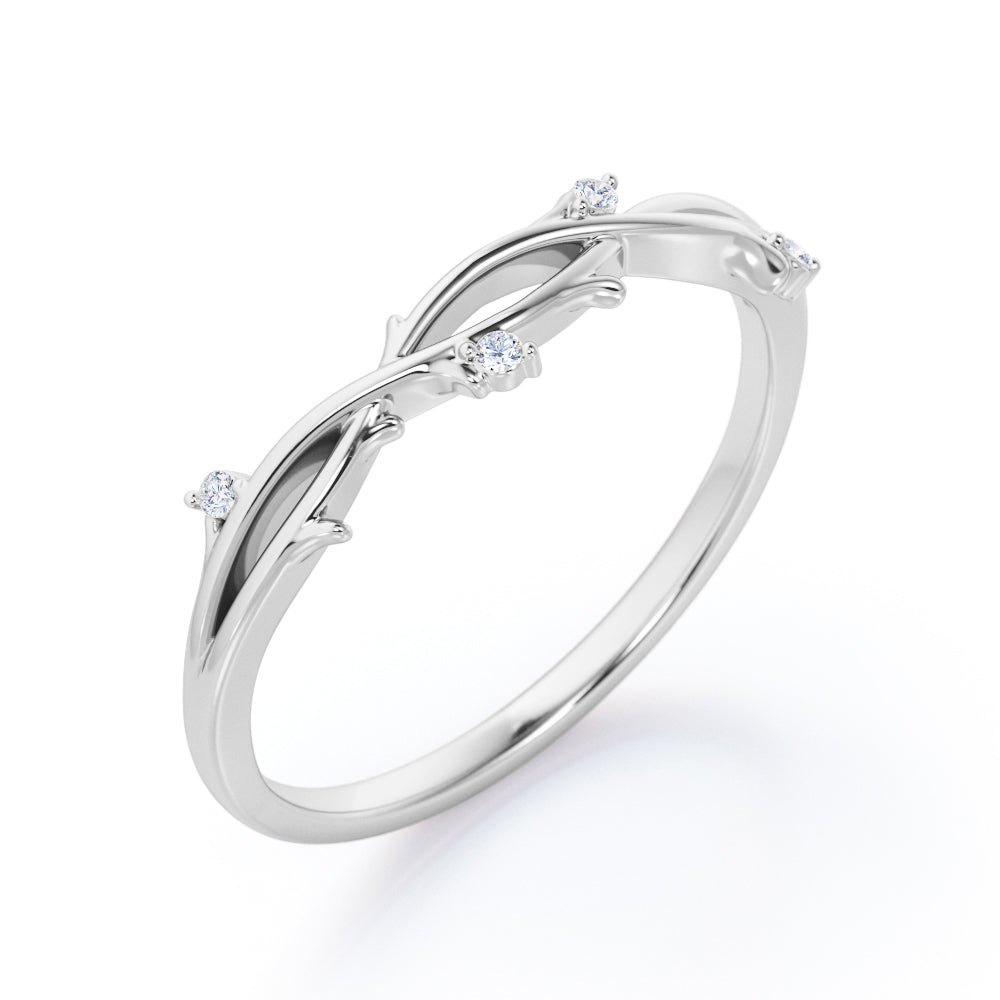 Nature Inspired - 0.10 TCW Round Cut Moissanite- Crossover Twig Stackable Ring - White Gold