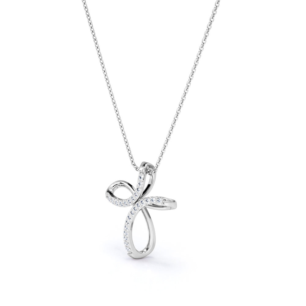 Ribbon Twist 0.25 TCW Round Brilliant Cut Moissanite Crucifix Pendant Necklace in 18K White Gold Plating over Silver