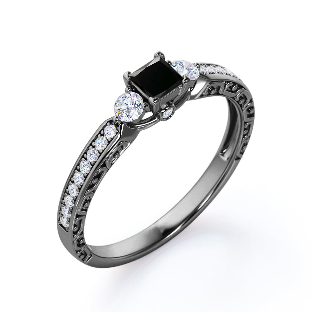 1.35 Carat Princess Cut Lab Grown Black Diamond 3 Stone Vintage Engagement Ring In White Gold