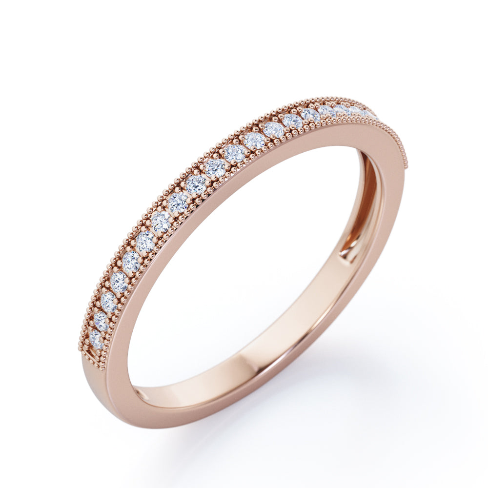 Milgrain Edged - 0.15 TCW Round Cut Moissanite - Pave Channel Wedding Band - Rose Gold