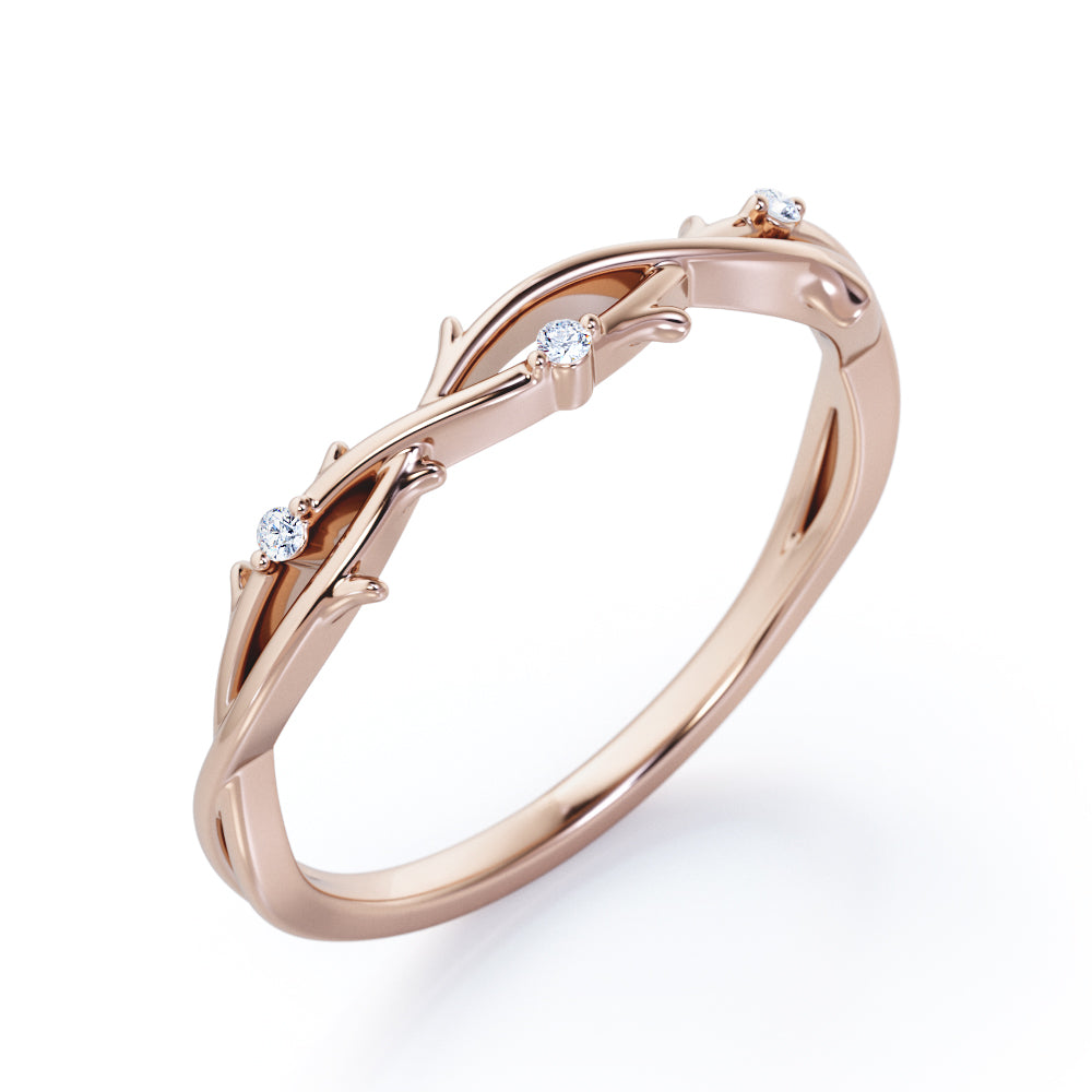 3-Stone Crossover Twig - 0.10 TCW Round Shape Moissanite- Inspired by Nature Wedding Band - Rose Gold