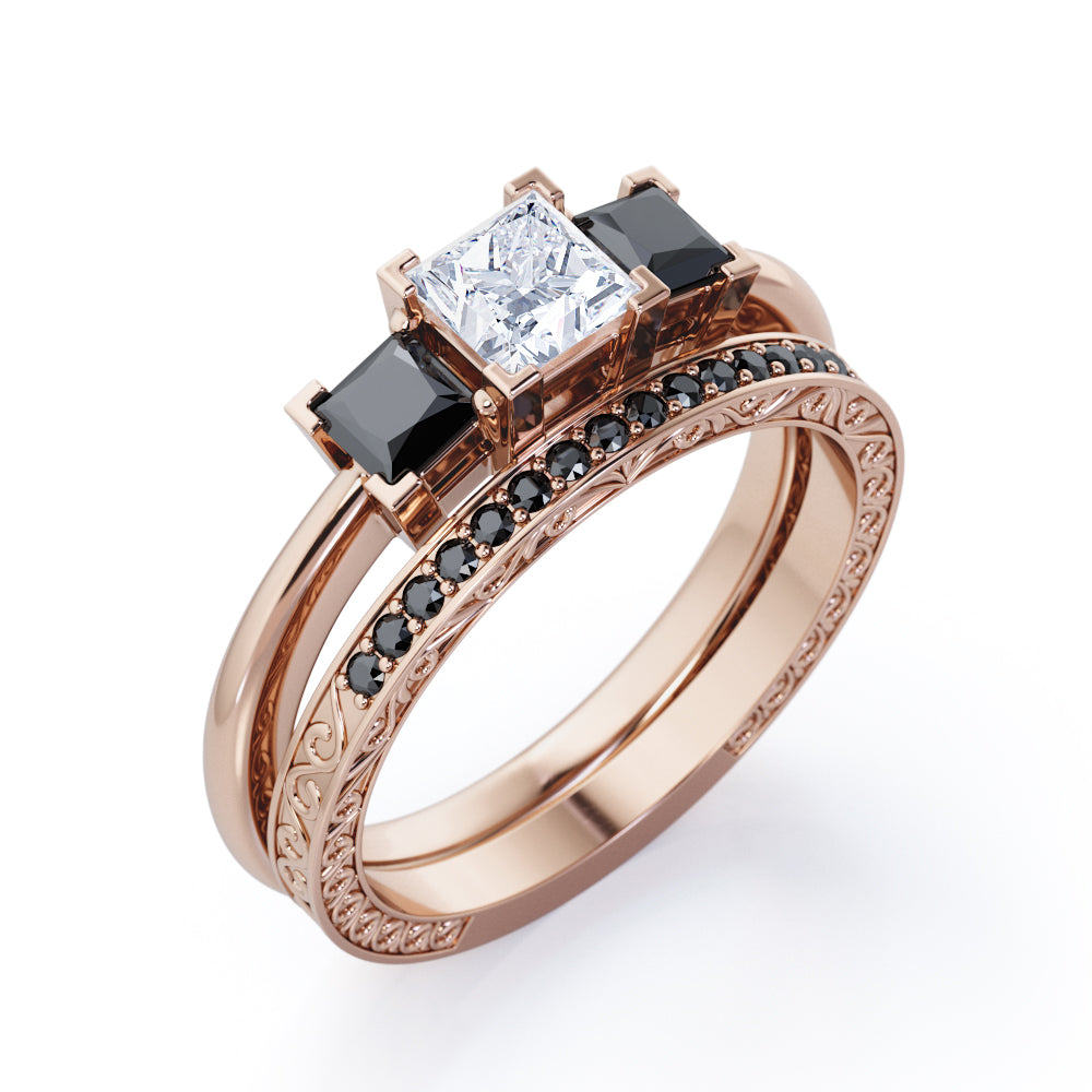 Triple Stone Square V-Prong 1.45 TCW Princess Cut Moissanite with Lab Created Black Diamond Filigree Wedding Set in Rose Gold