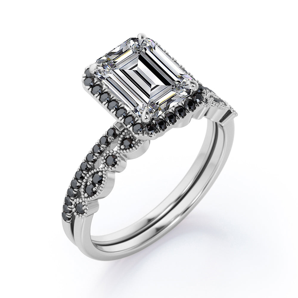 Art Deco Filigree Milgrain 1.65 TCW Emerald Cut Moissanite with Lab Created Black Diamond Halo-Style Wedding Set in Rose Gold