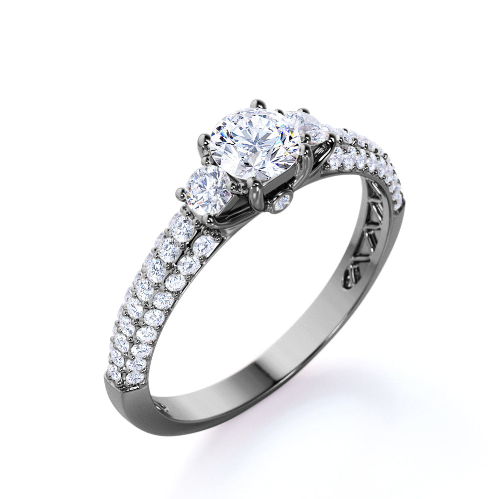 Stunning 1 Carat - Round Real 3 Stone Diamond Ring - Vintage Style - Micro Pave - Engagement Ring - 10K White Gold