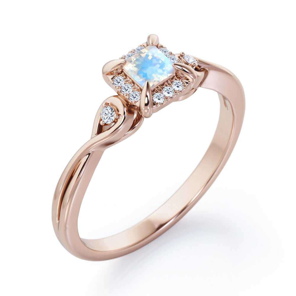 Prong and Halo 0.6 carat Princess Moonstone and Moissanite Twisted Shank Engagement Ring in White Gold