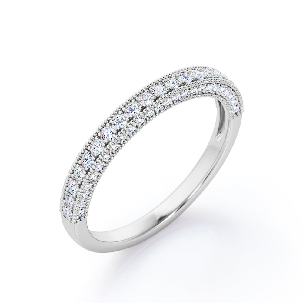 3 Sided Pave 0.3 TCW Round Shaped Diamond Milgrain Edge Wedding Band in White Gold