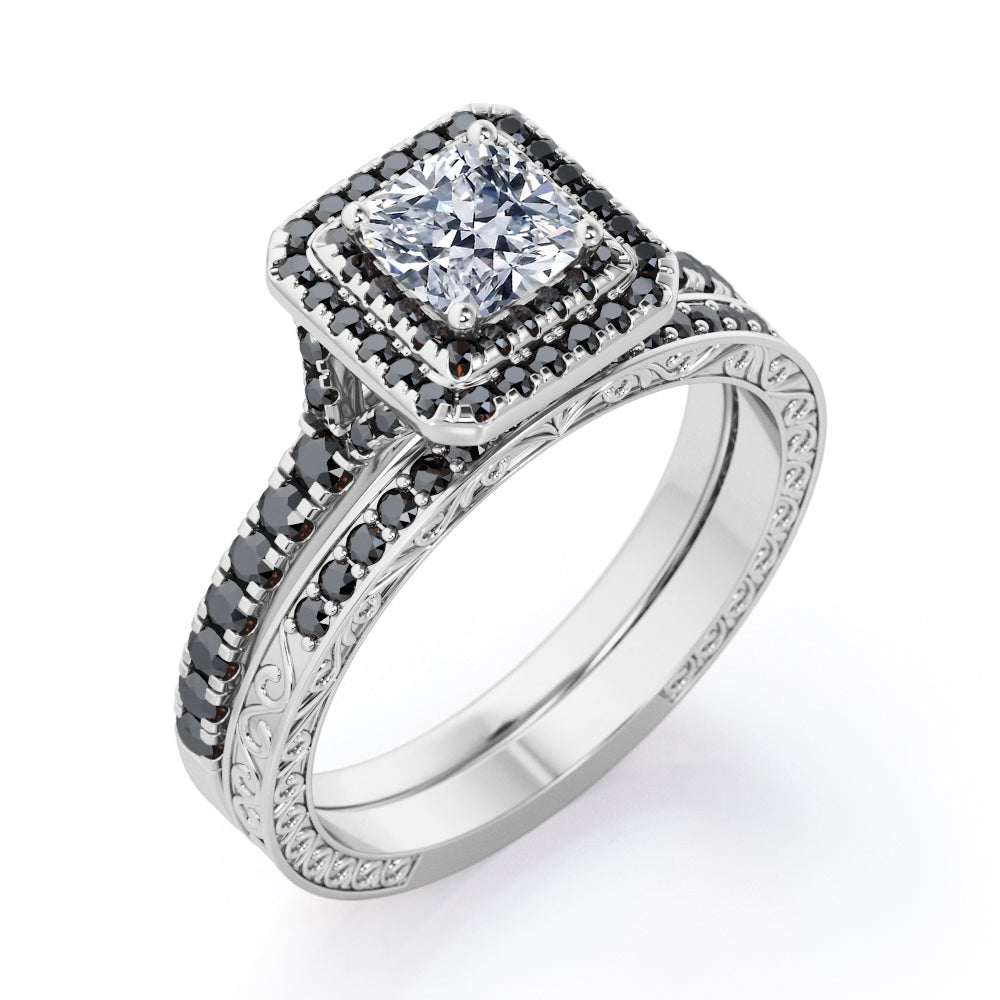 Art-Deco Pave Accented 1.7 TCW Princess Cut Moissanite with Lab Created Black Diamond Double Halo Bridal Ring Set in White Gold