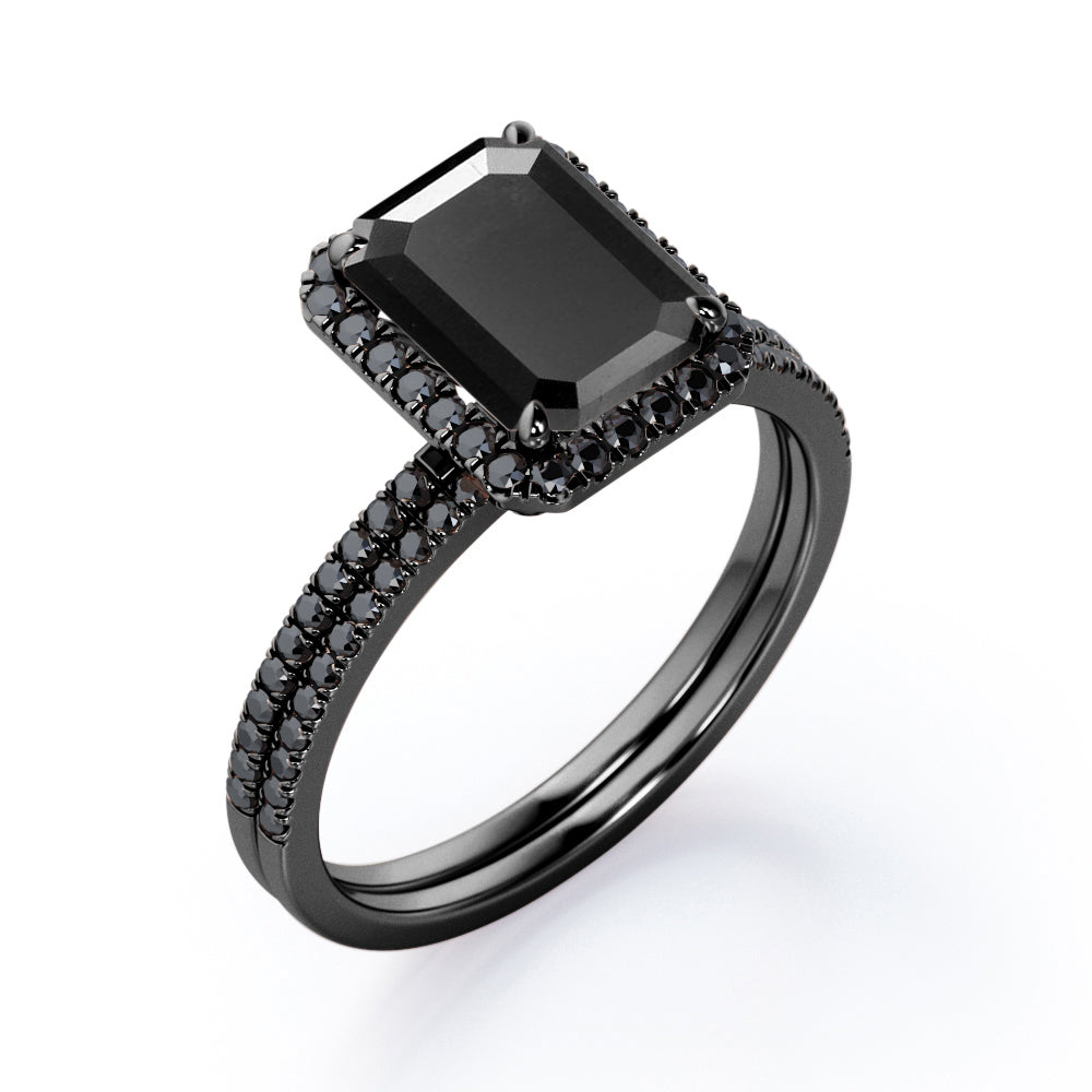 Pave Style - 1.75 TCW Emerald Cut Lab Created Black Diamond - Halo Setting Wedding Ring Set in White Gold