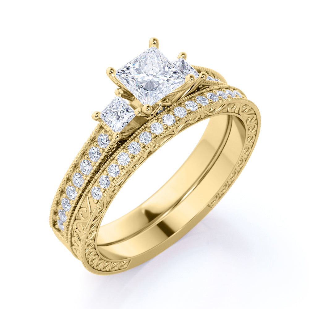 1.25 ct - Princess Cut Moissanite - Pave - Three Stone Ring - Victorian Style - Vintage Wedding Ring Set in 18K Yellow Gold over Silver