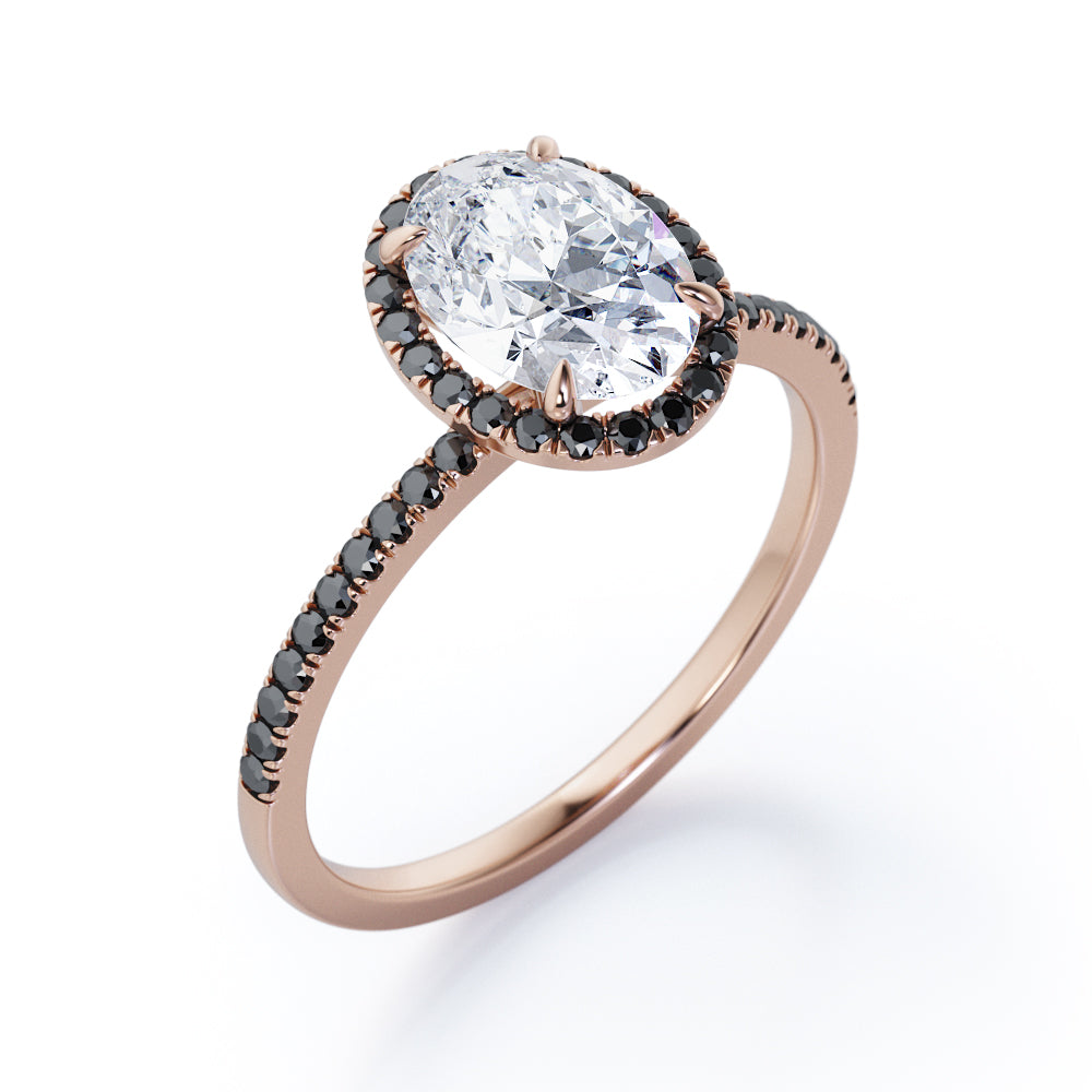 North-South Halo - 1.5 TCW Oval Shape Moissanite with Lab Created Black Diamond - Pave Design Engagement Ring in Rose Gold