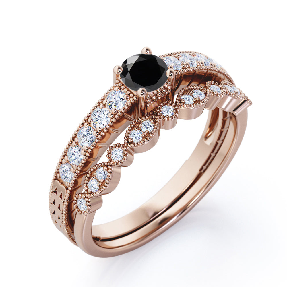 1.25 Carat Round Cut Lab Grown Black Diamond Vintage Milgrain Bridal Set Ring In White Gold