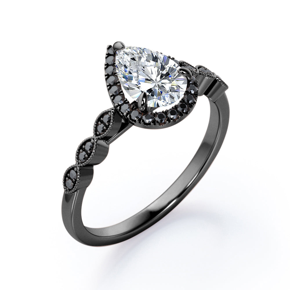 Art-Deco Filigree Milgrain 1.4 TCW Pear Cut Moissanite with Lab Created Black Diamond Halo Design Engagement Ring in Yellow Gold