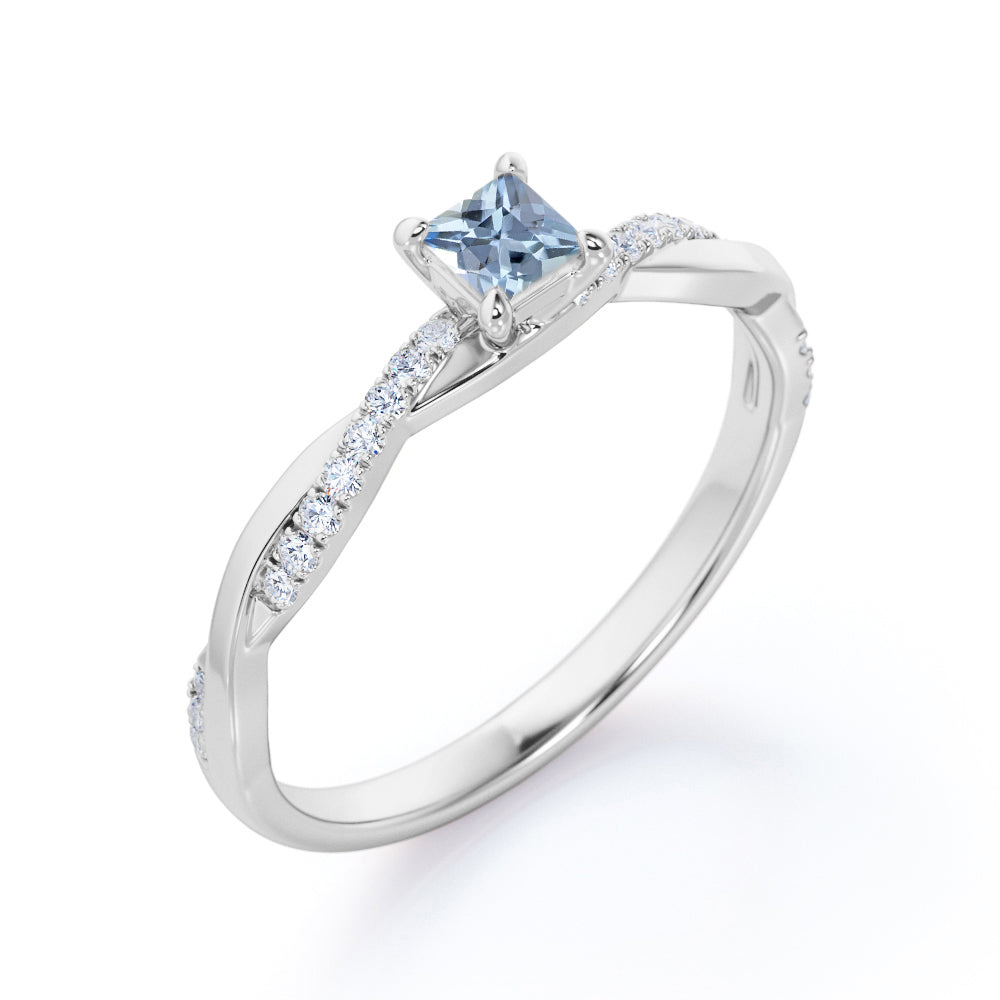 Twisted 1.10 Carat Princess Cut Aquamarine And Diamond Infinity Engagement Ring In White Gold