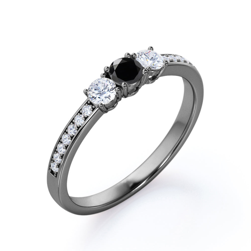 1.3 Carat Round Cut Lab Grown Black Diamond  Three Stone Engagement Ring In White Gold