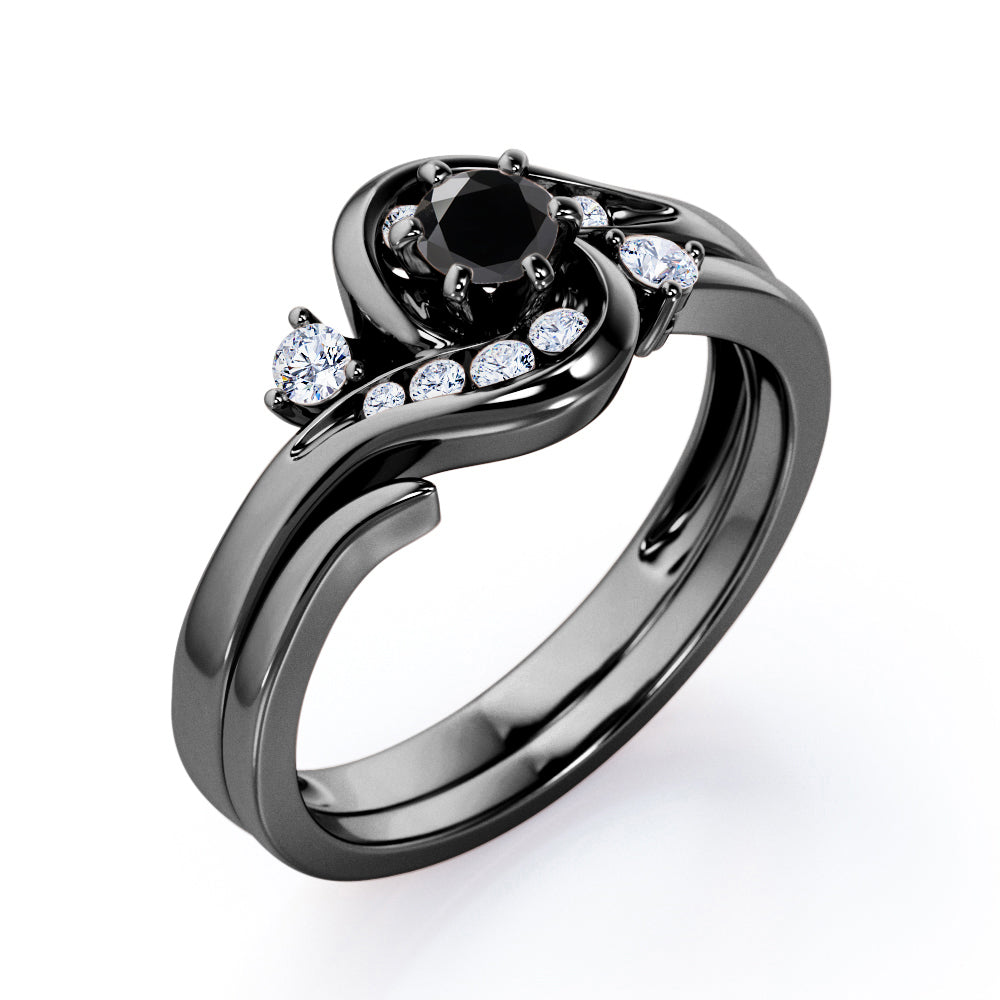 6 Prong Tension Design - 0.55 TCW Round Shaped Black Diamond - Flush Chanel Wedding Ring Set - White Gold