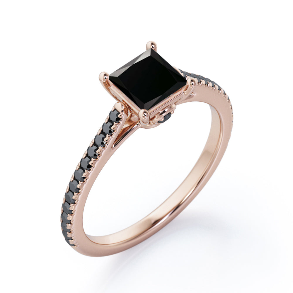 1.25 TCW Princess Cut Lab Created Black Diamond - Pave Setting - Prong Engagement Ring in White Gold