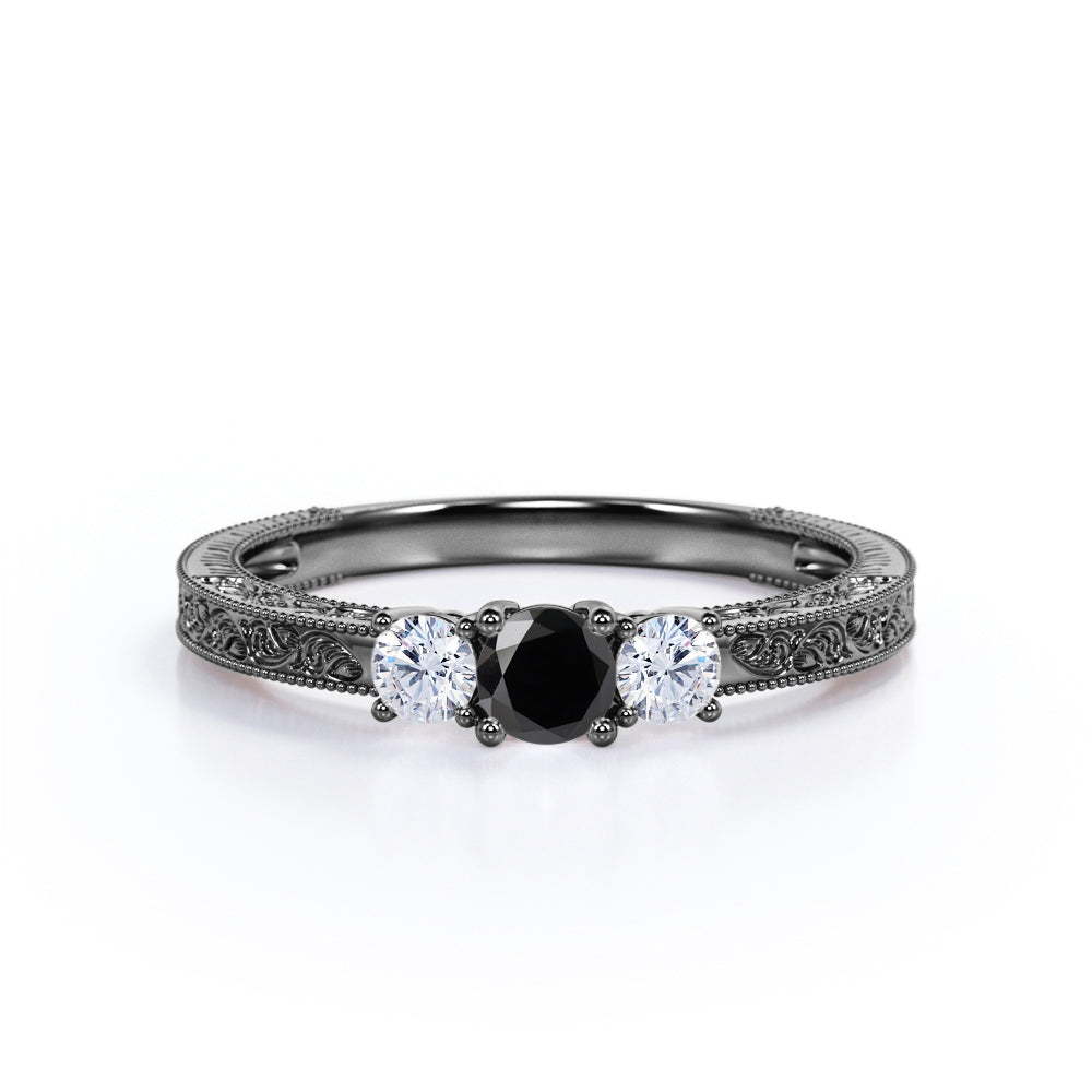 1 carat round cut Black Diamond three stone engagement ring in white gold