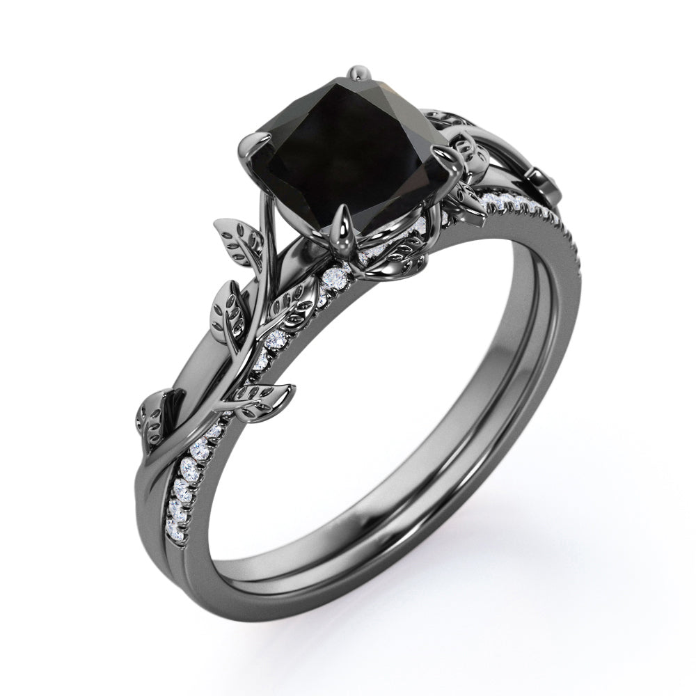 1.25 carat cushion cut Black Diamond nature inspired wedding ring set in white gold