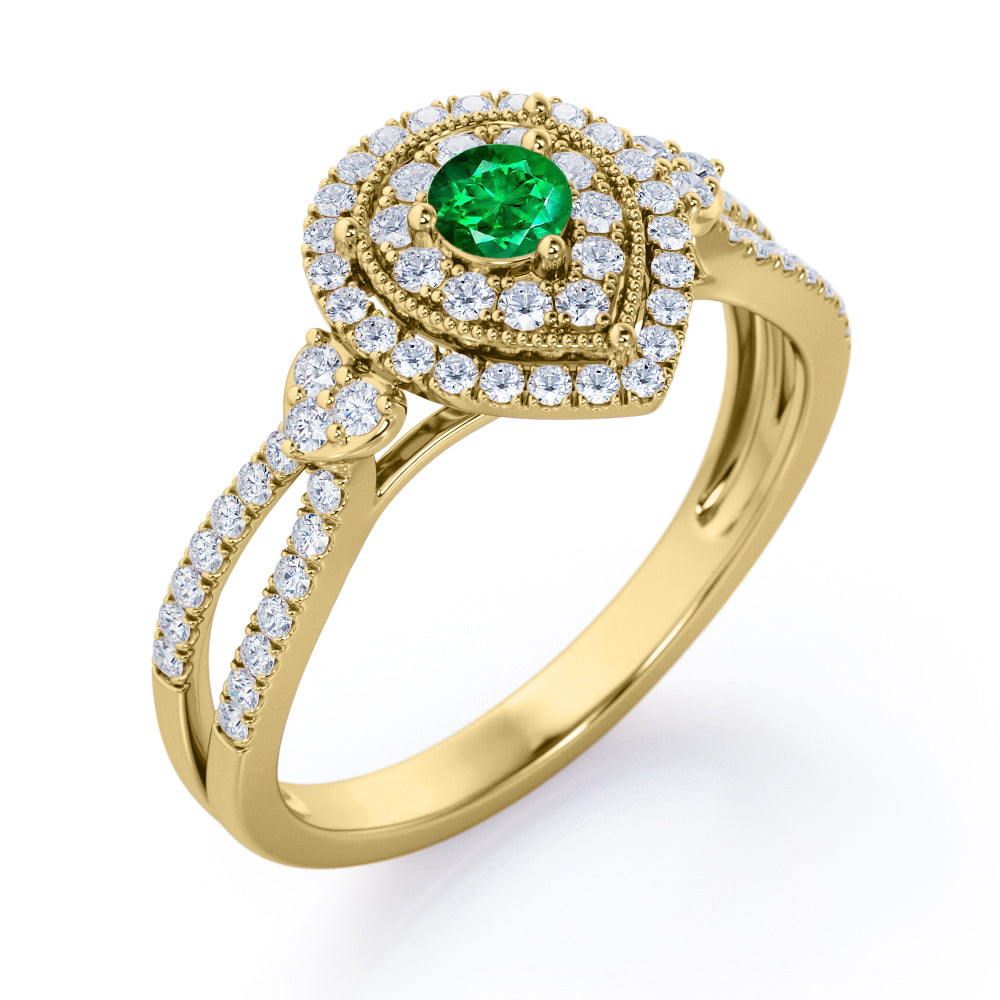 Pear-Shaped Double Halo - 1.7 Carat Round Cut Emerald and diamond - Pave Split Shank Engagement Ring in Yellow Gold