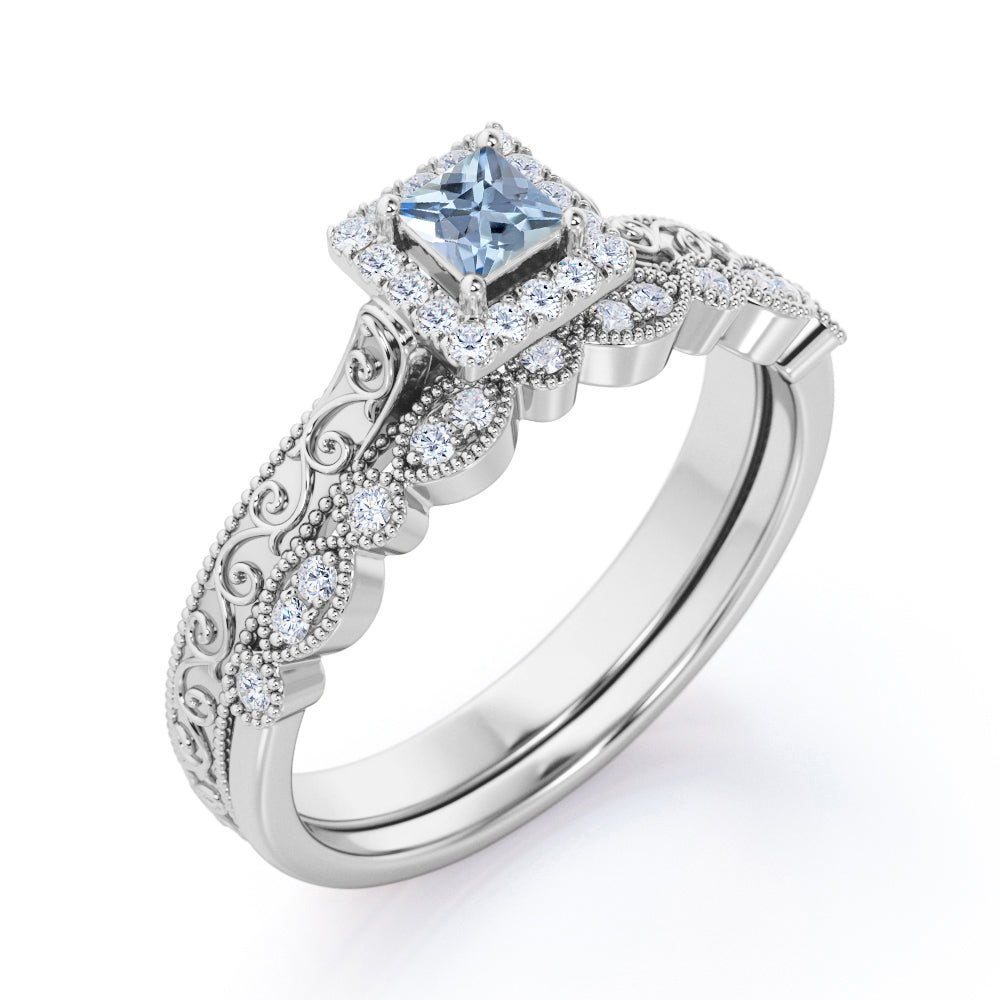 Vintage Filigree 0.6 Carat Princess Cut Aquamarine And Diamond Halo Wedding Ring Set In White Gold