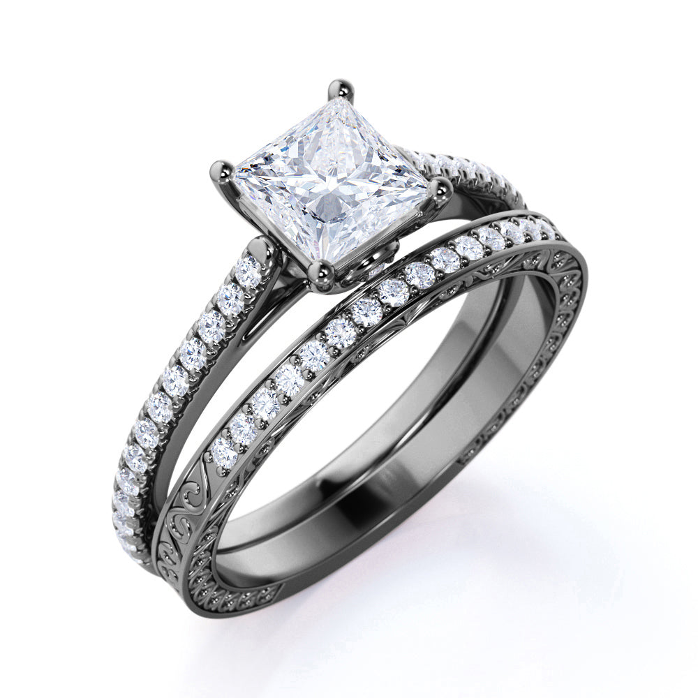 1.25 ct - Princess Cut Diamond - Pave Band - Simple Antique Engagement Ring Set - 10K White Gold