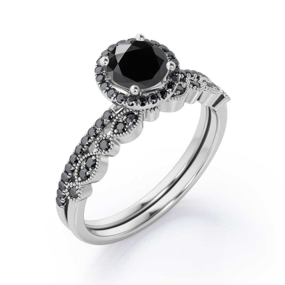 Art Deco Pave Setting - 1.65 TCW Round Cut Lab Created Black Diamond - Halo Design Bridal Set in White Gold