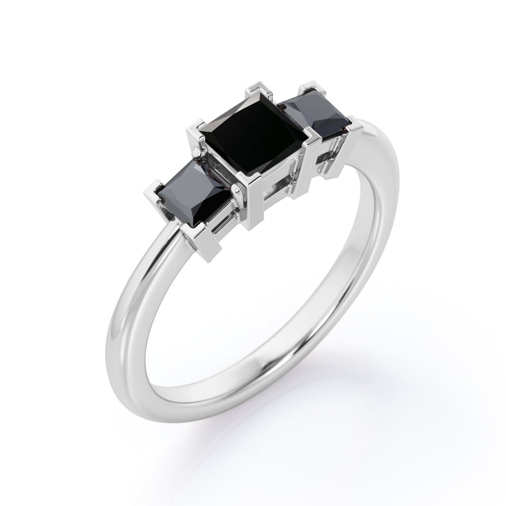 Minimalist Square V-Prong - 1.2 TCW Princess Cut Lab Created Black Diamond - Three-Stone Engagement Ring in White Gold