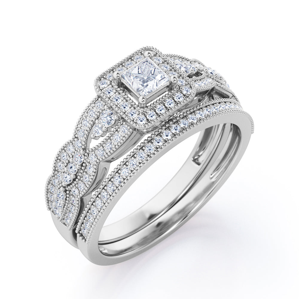 Triple Curved Pave Band - 0.65 TCW Princess Cut Diamond - Milgrain Halo-Channel Bridal Set - 10K White Gold