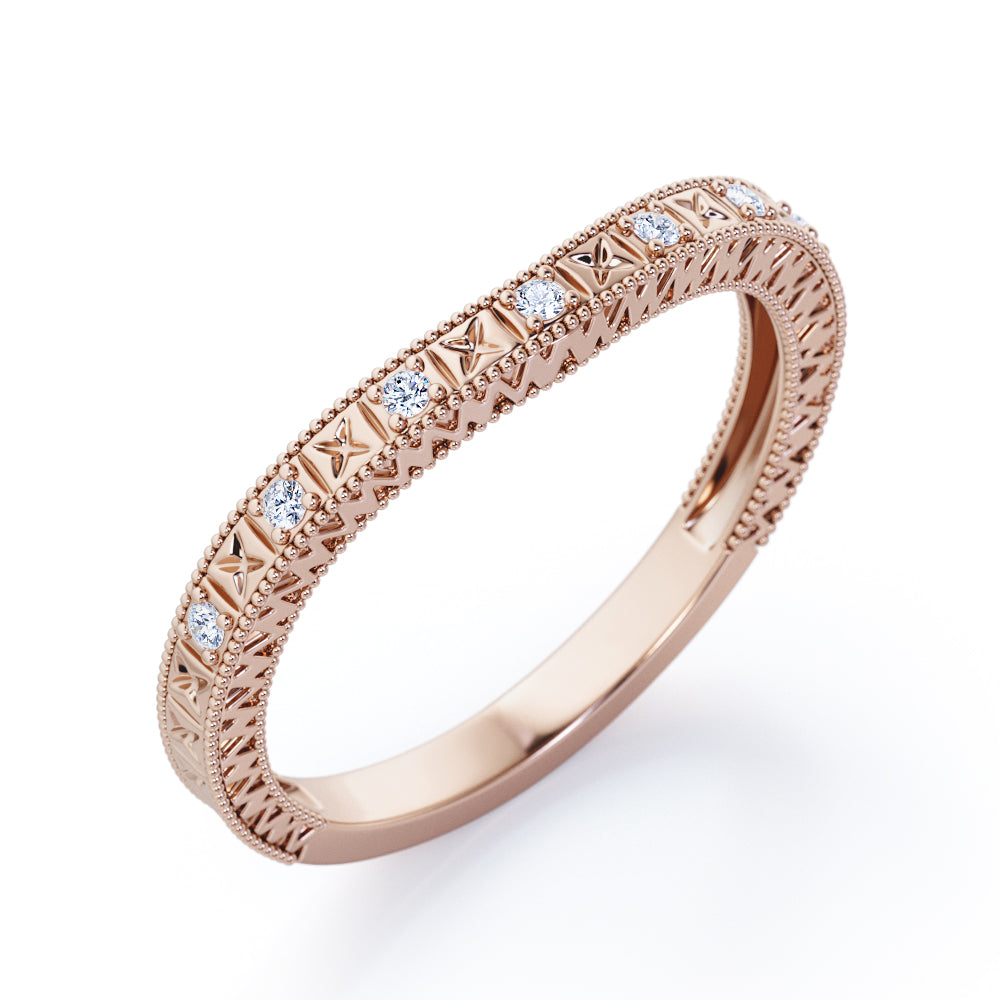 Milgrain Bordered Filigree 0.10 TCW Round Cut Moissanite XO Design Wedding Band in Yellow Gold