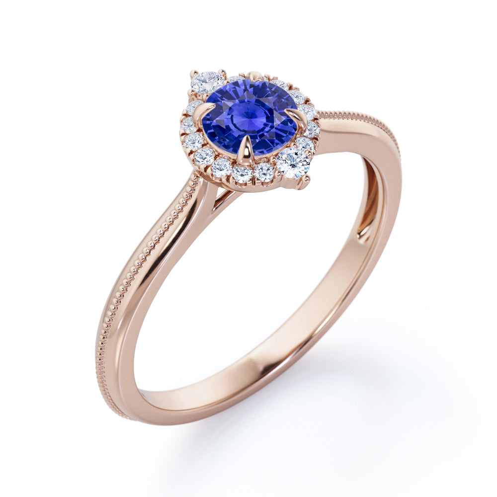 Petite Milgrain 0.70 carat Round Cut Lab-Created Sapphire and Diamond Halo Engagement ring in Rose Gold