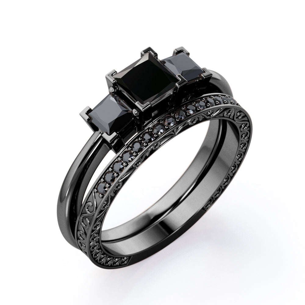 Triple Stone Square V-Prong 1.45 TCW Princess Cut Lab Created Black Diamond Filigree Wedding Set in White Gold