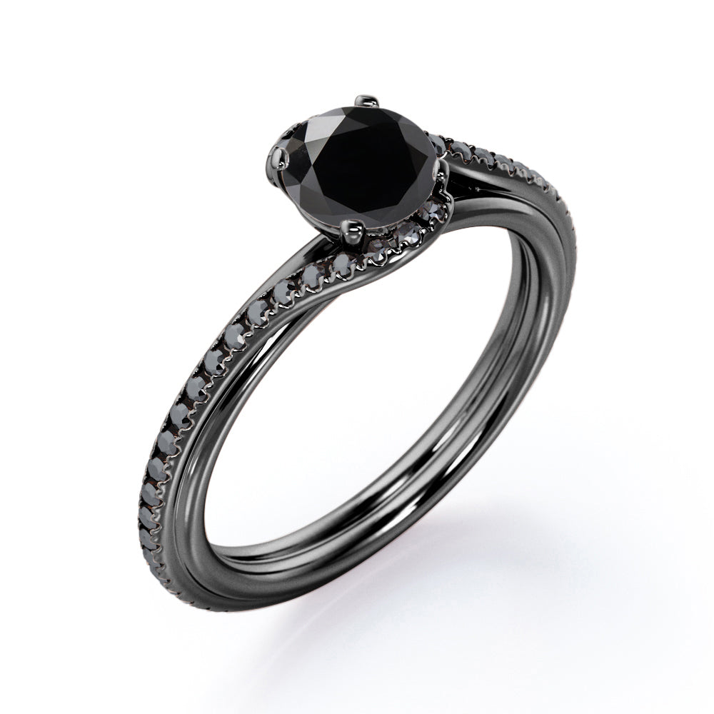 Overlay Double Banded - 1.25 TCW Round Cut Lab Created Black Diamond - Tension Pave Engagement Ring in White Gold