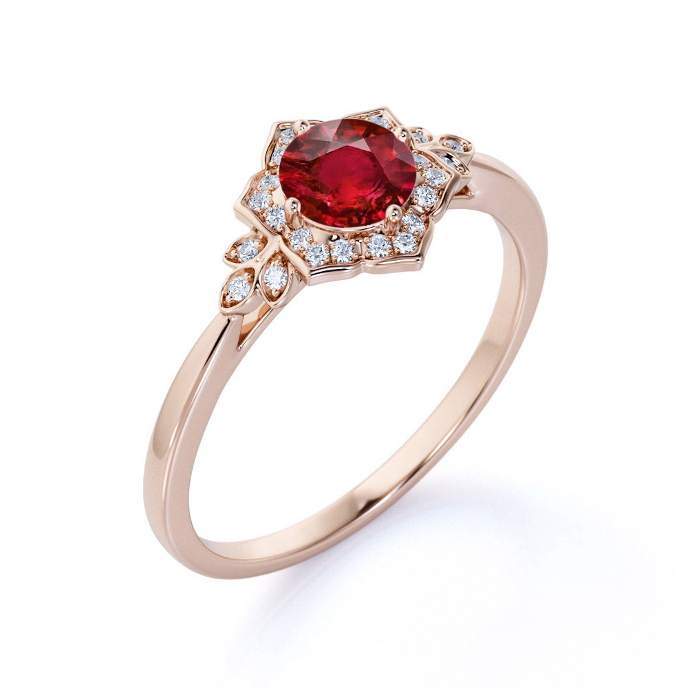 Antique Leaf Design 1.20 Carat Round Cut Lab-Created Ruby and Diamond Engagement Ring in Rose Gold