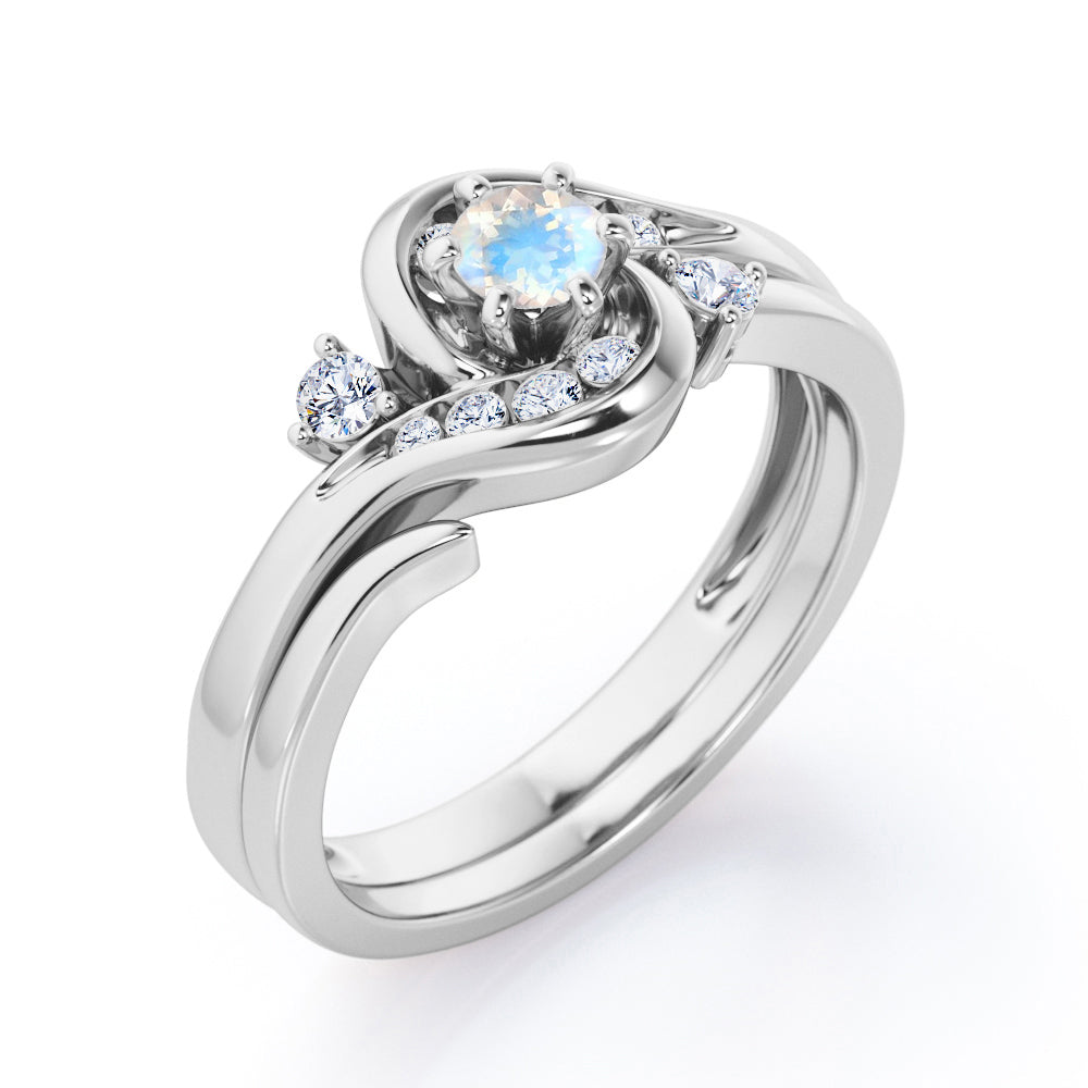 6 Prong Tension Design - 0.55 TCW Round Shaped Moonstone and Moissanite - Flush Chanel Wedding Ring Set - White Gold