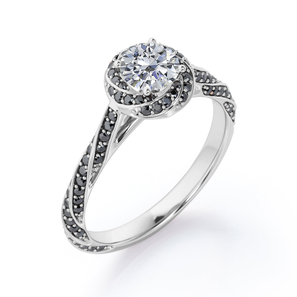 Twirl Halo - 1.35 TCW Round Shaped Moissanite with Lab Created Black Diamond - Twisted Pave Engagement Ring - 10K White Gold