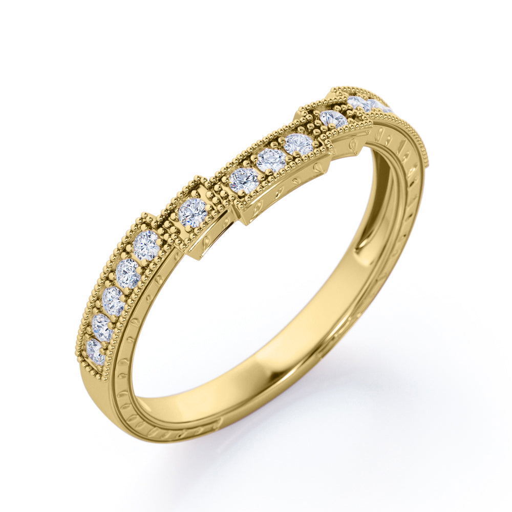 Pave-Channel Staircase 0.15 TCW Round Shape Moissanite Milgrain Filigree Wedding Band in Yellow Gold