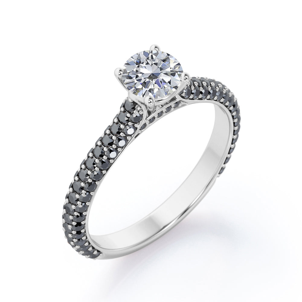 3-Row Micro Pave - 0.6 TCW Round Shaped Diamond with Lab Created Black Diamond - Cathedral Engagement Ring - 10K White Gold