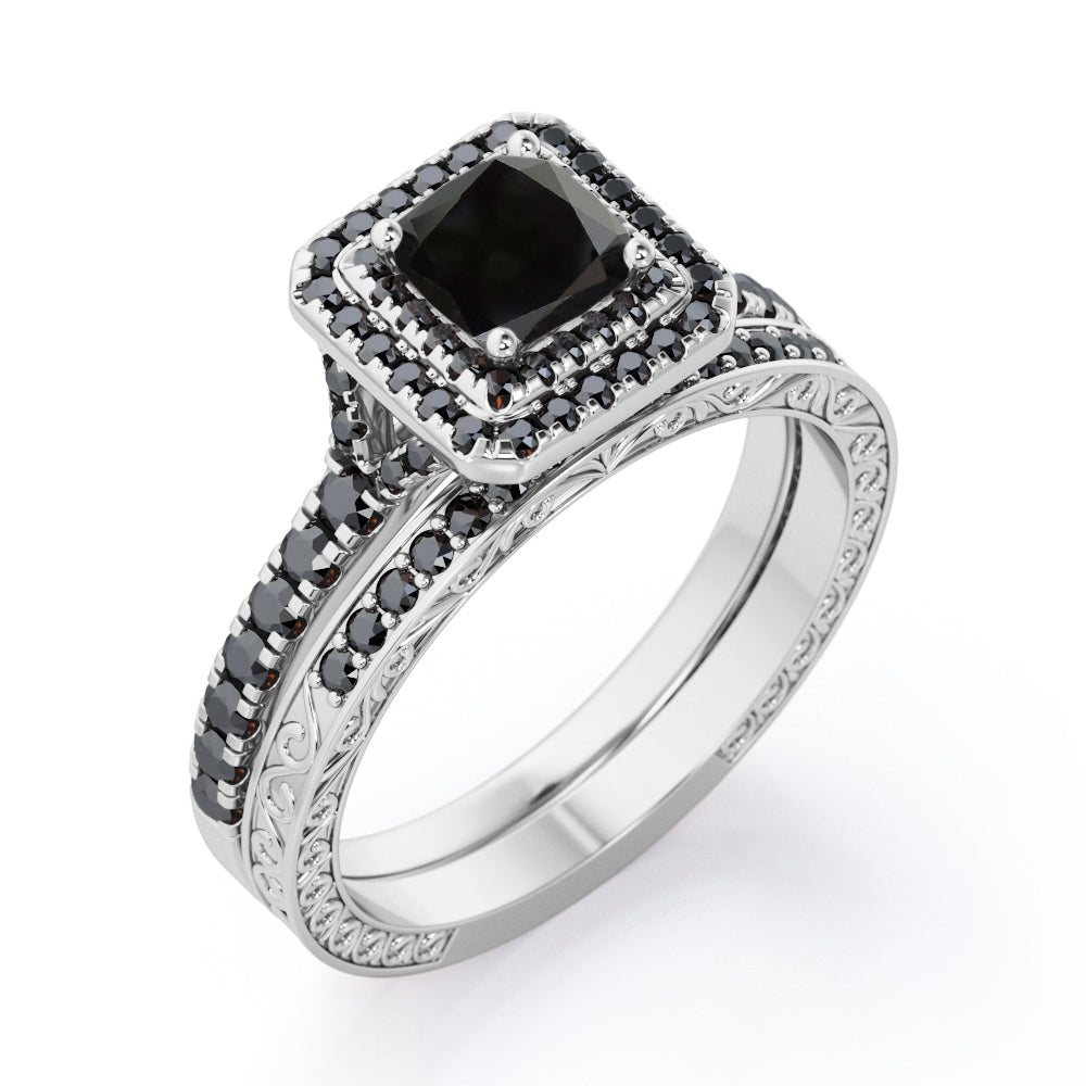 Art-Deco Pave Accented 1.7 TCW Princess Cut Lab Created Black Diamond Double Halo Bridal Ring Set in White Gold