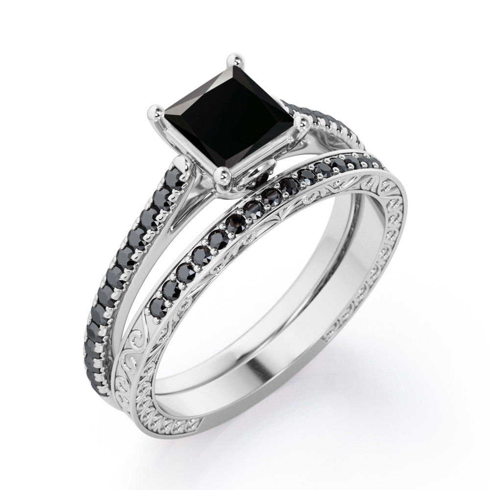 Art Deco Prong 1.5 TCW Princess Cut Lab Created Black Diamond Bridal Set with Pave Accents in White Gold