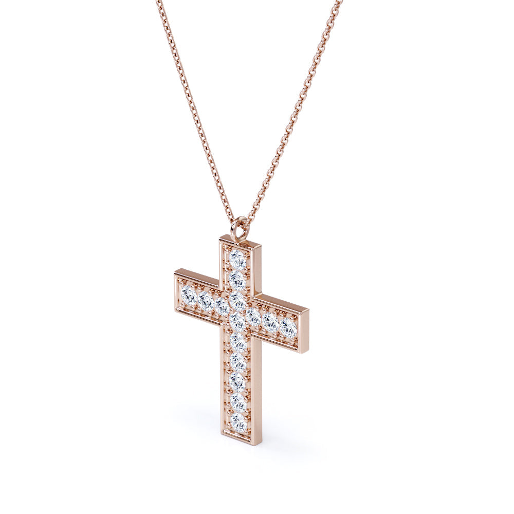 Pave-Channel 0.15 TCW Round Cut Moissanite Cross Pendant Necklace in 18K White Gold Plating over Silver