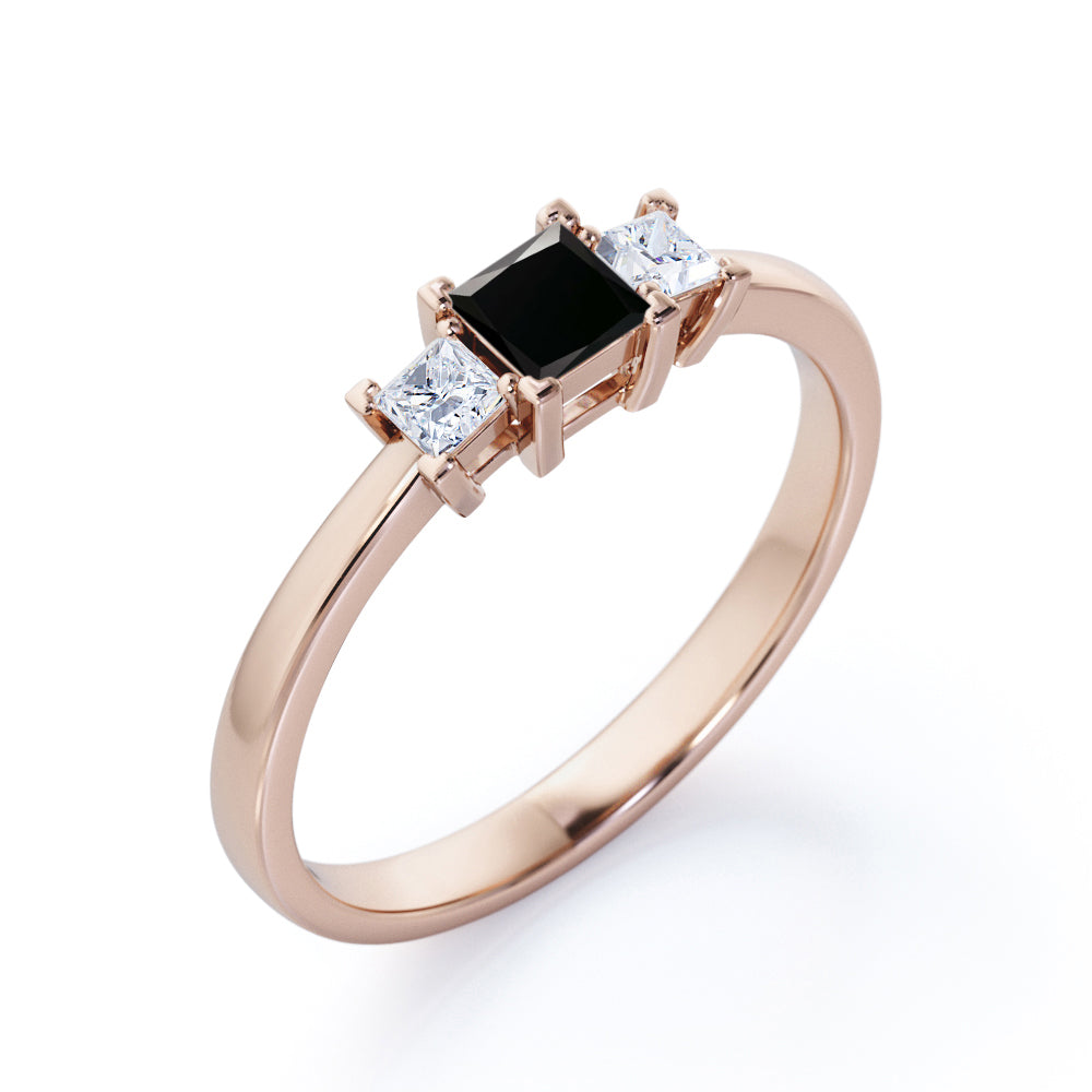 1.15 Carat Princess Cut Lab Grown Black Diamond Three Stone Engagement Ring In White Gold