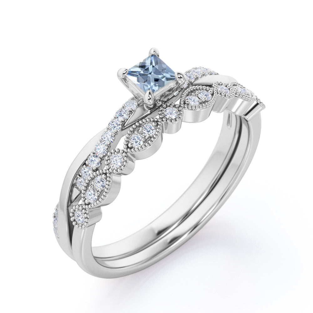 1.15 Carat Princess Cut Aquamarine And Diamond Twisted Wedding Ring Set In White Gold