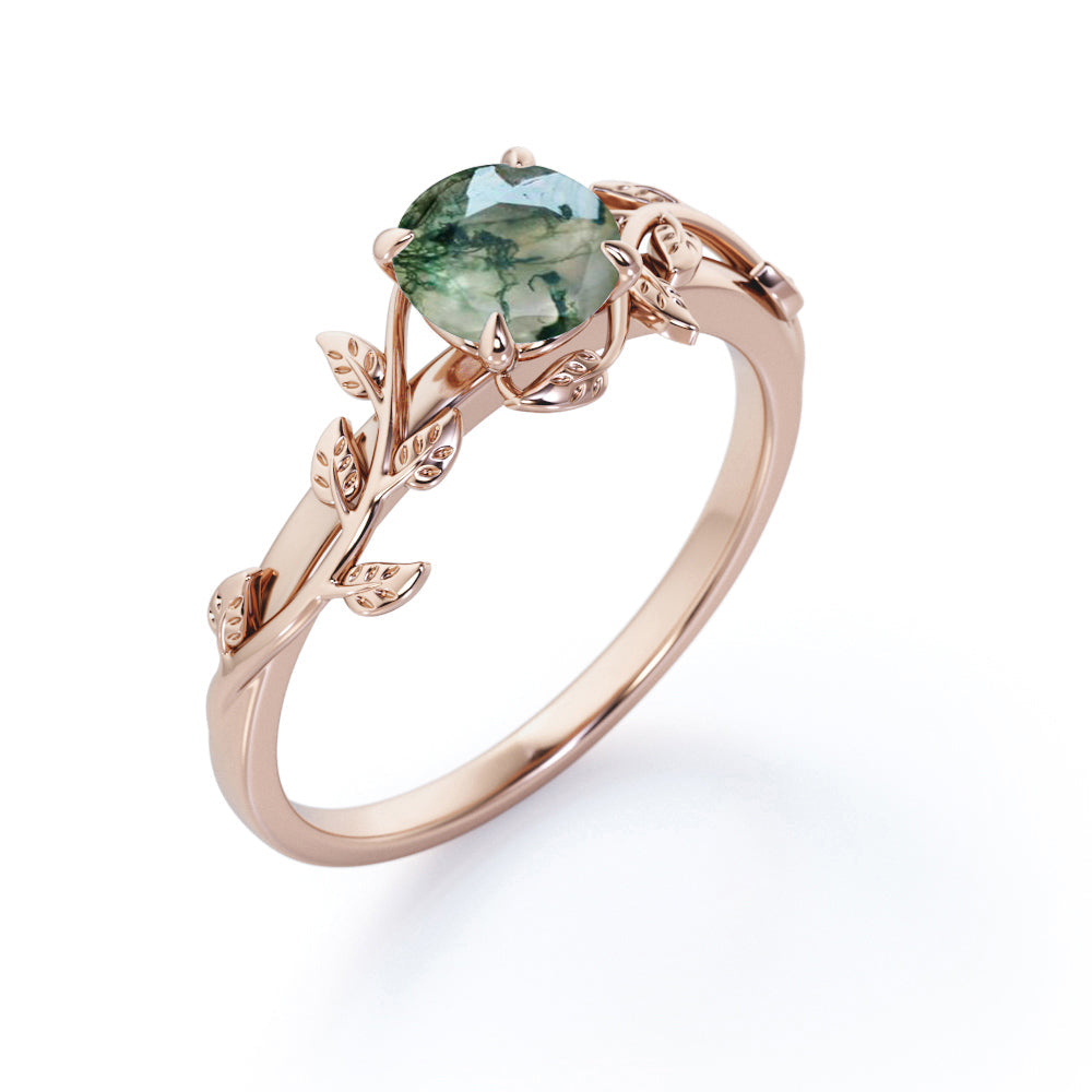 0.50 Carat 4 Prong Round Cut Opaque White Druzy Mossy Green Agate Branch Leaf Design One-Stone Engagement Ring In 18K Rose Gold Plating Over Silver