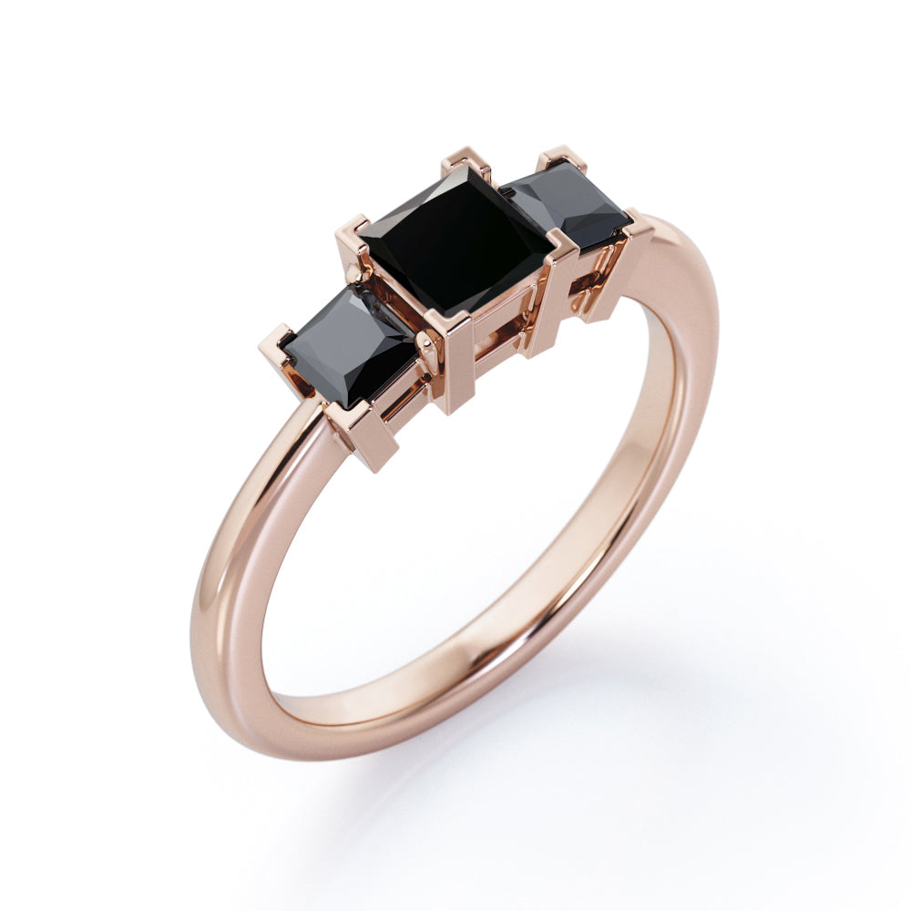 Minimalist Square V-Prong - 1.2 TCW Princess Cut Lab Created Black Diamond - Three-Stone Engagement Ring in White Gold