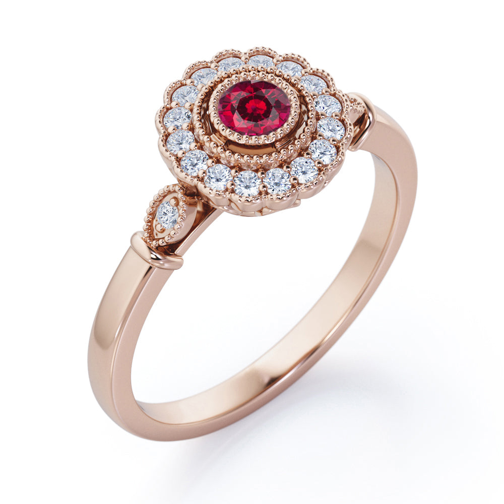 Milgrain Flower Halo 1.2 carat Carat Round Brilliant Cut Ruby Trilogy Bezel Engagement Ring in White Gold