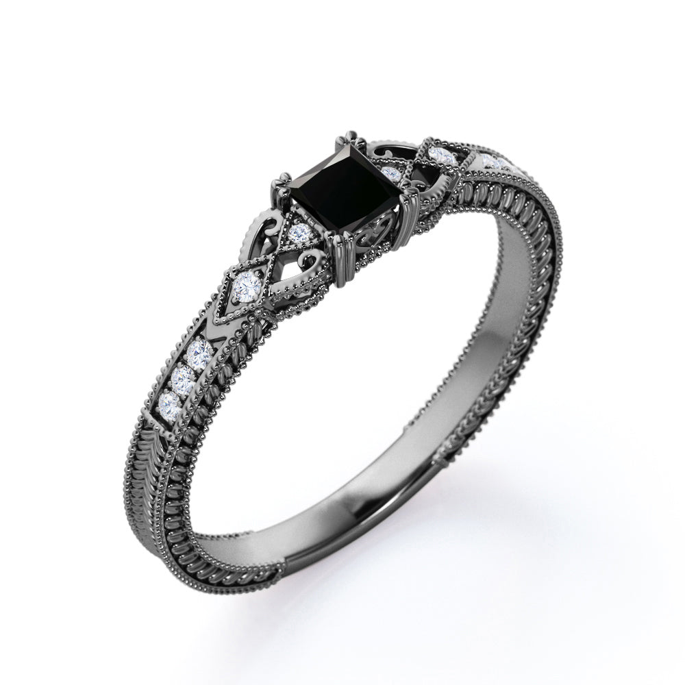 1.1 Carat Princess Cut Lab Grown Black Diamond Vintage Milgrain Engagement Ring In White Gold