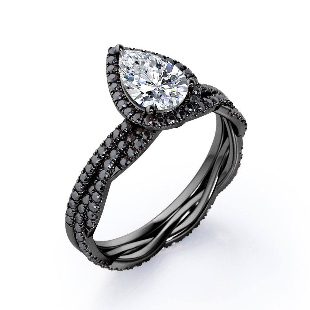 1.75 TCW Pear Shape Moissanite with Lab Created Black Diamond - Pave Setting - Crossover Eternity Wedding Set in Black Gold