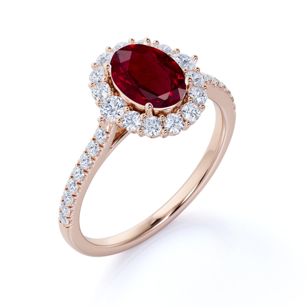 Sparkling Pave 1.5 Carat Oval Cut Lab-Created Ruby and Diamond Engagement Ring in White Gold