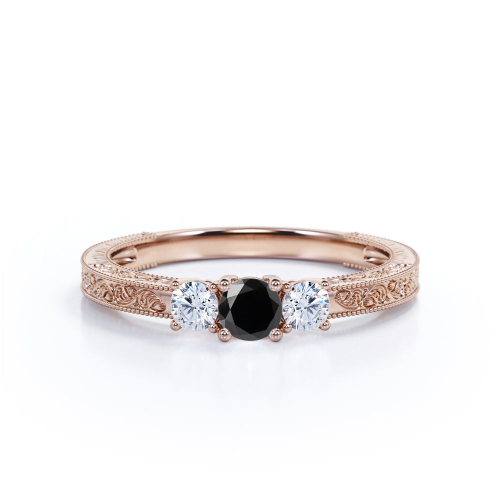 1 carat round cut Black Diamond three stone engagement ring in white gold